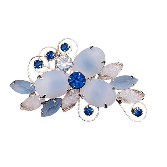 Blue Givre Art Glass & Silver-tone Floral Design Brooch, Vintage - Picture 1 of 4
